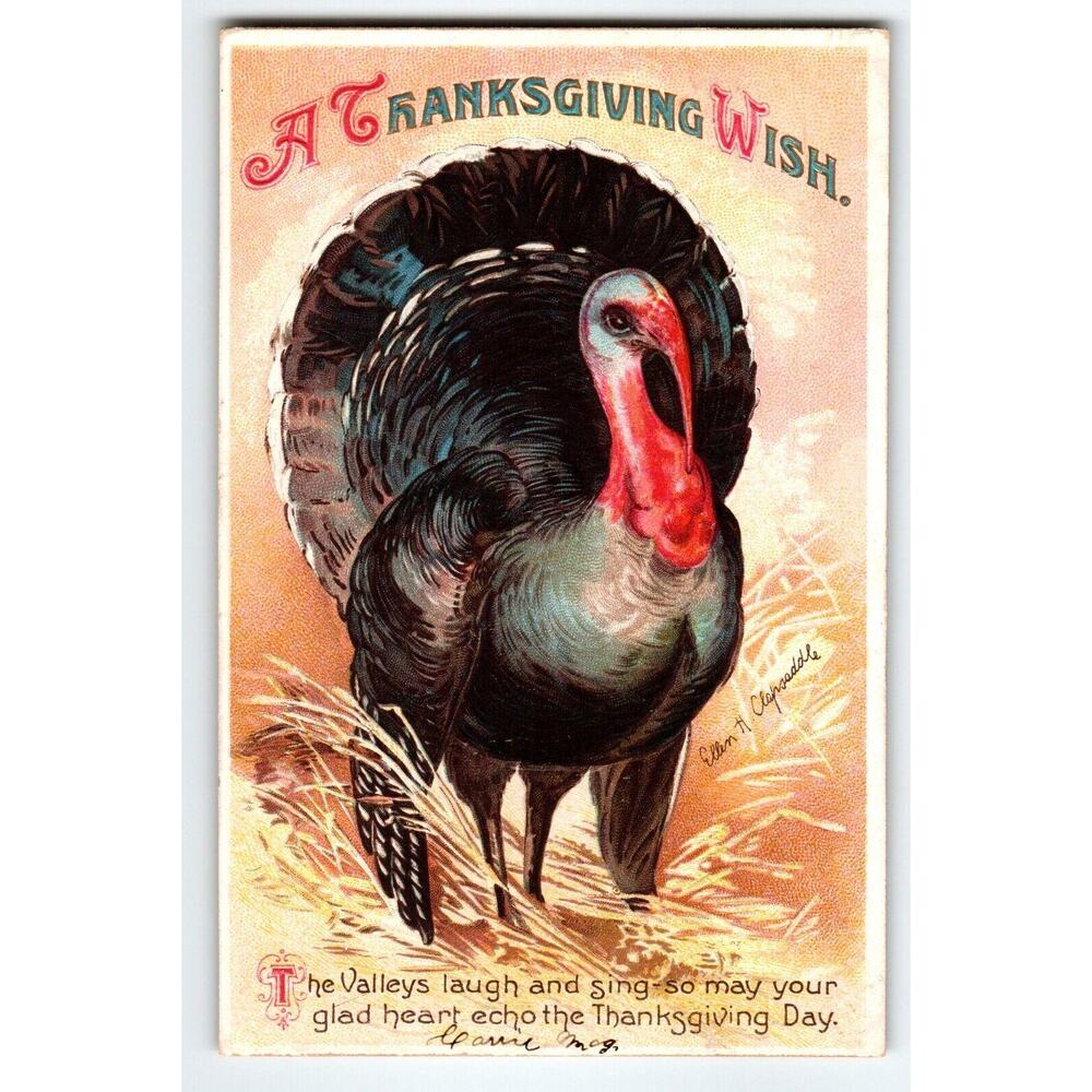 Ellen Clapsaddle Thanksgiving Wish Postcard Turkey Embossed 1912 Signed Germany